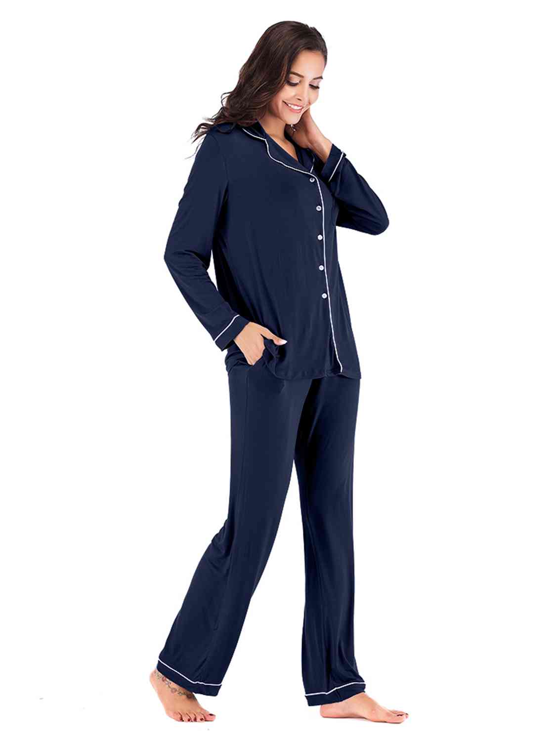 Collared Loungewear Set with Pockets