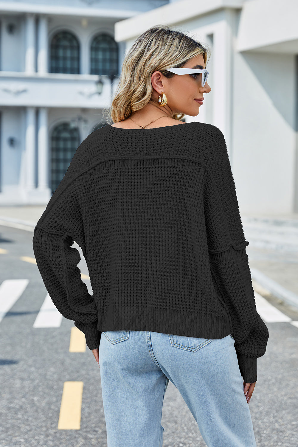 V-Neck Exposed Hem Sweater