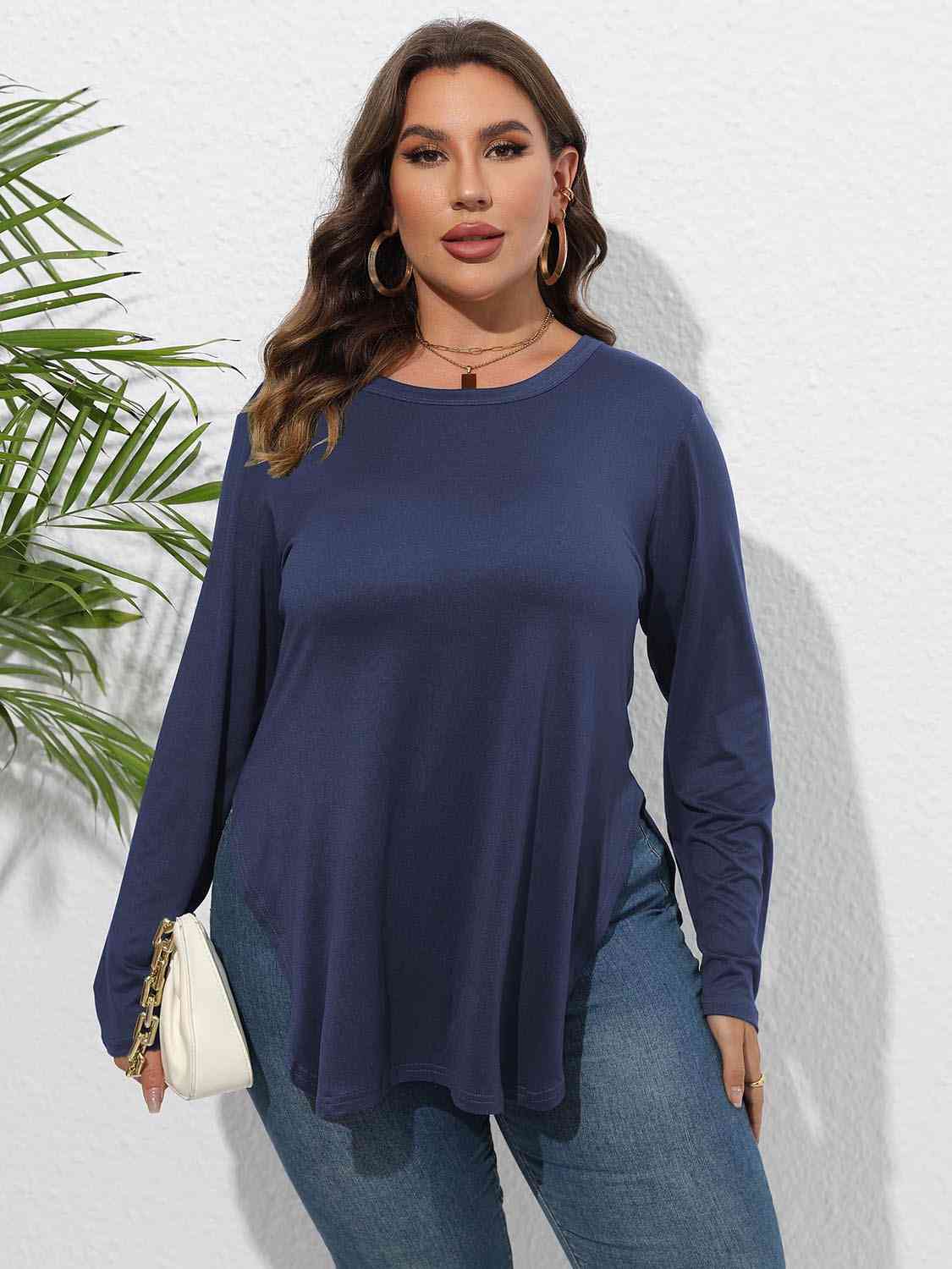 Plus Size Long Sleeve Slit Tee