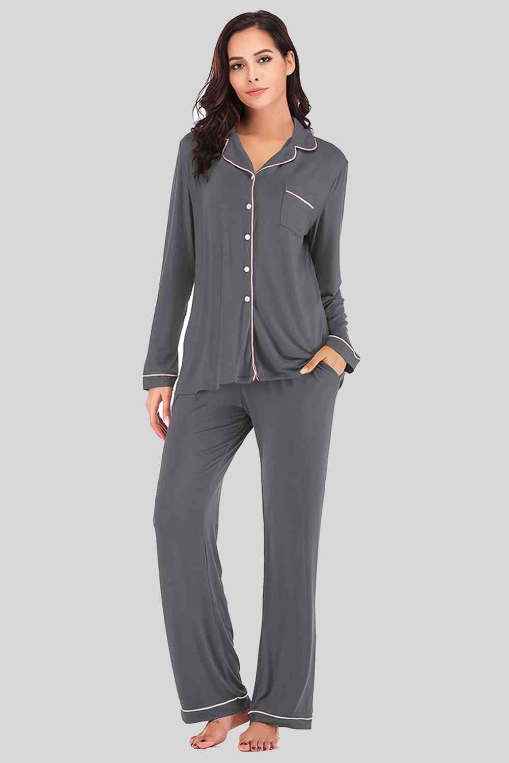 Collared Loungewear Set with Pockets