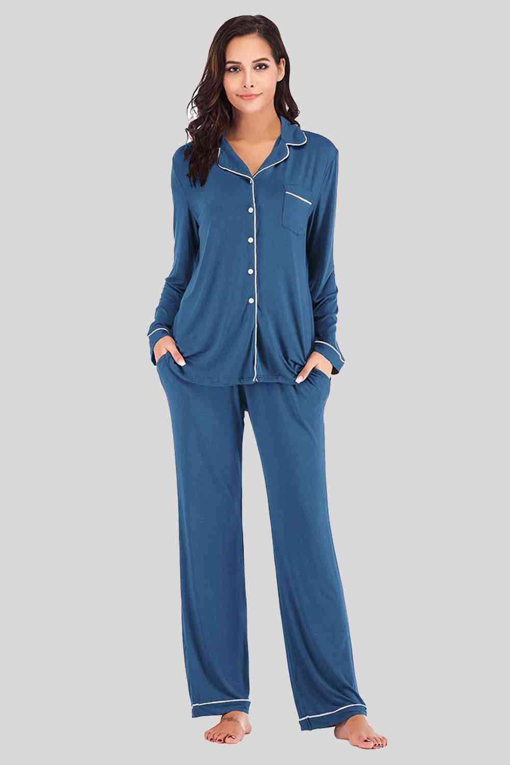 Collared Loungewear Set with Pockets