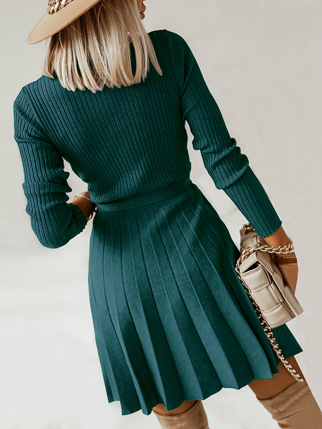 Surplice Neck Pleated Sweater Dress