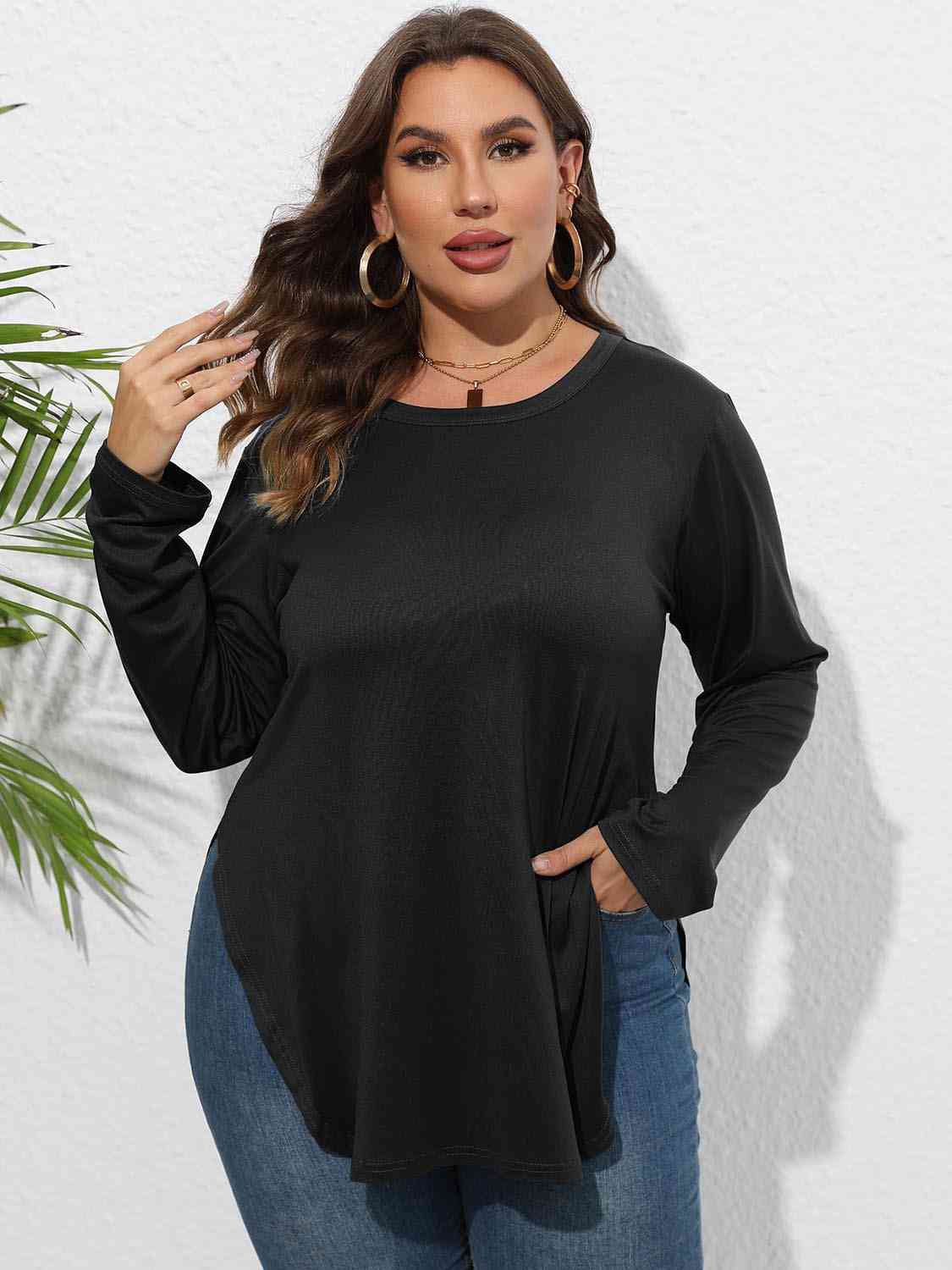 Plus Size Long Sleeve Slit Tee