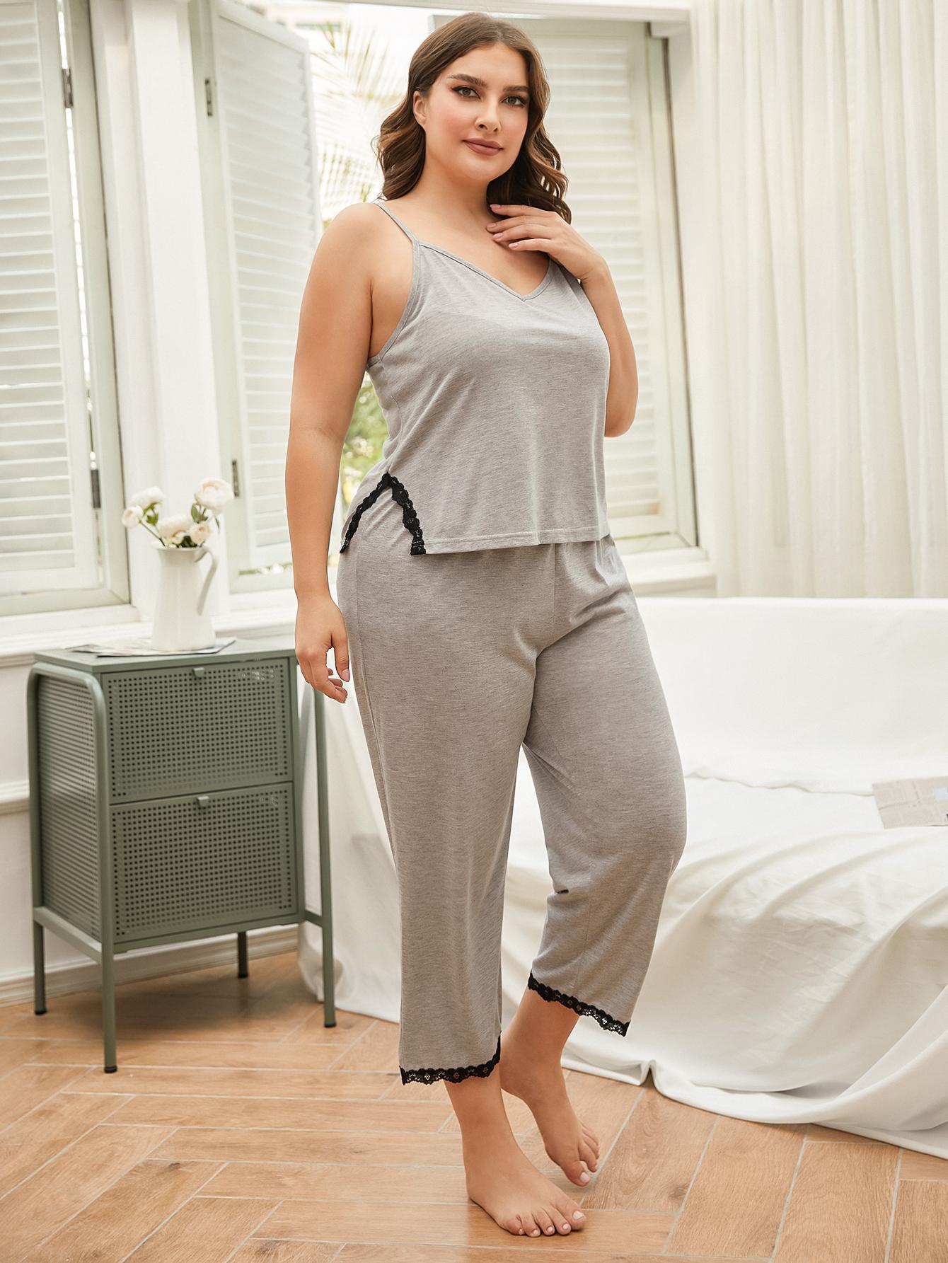 Plus Size Lace Trim Pajama Pants Set