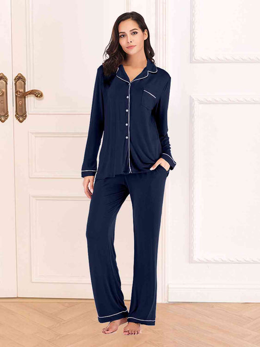 Collared Loungewear Set with Pockets
